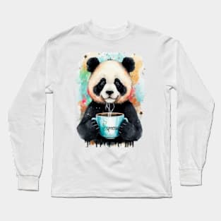 Watercolor Serenity: Panda Coffee Delight Long Sleeve T-Shirt